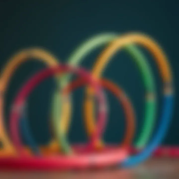 A collection of adjustable hula hoops in various sizes and colors demonstrating versatility.