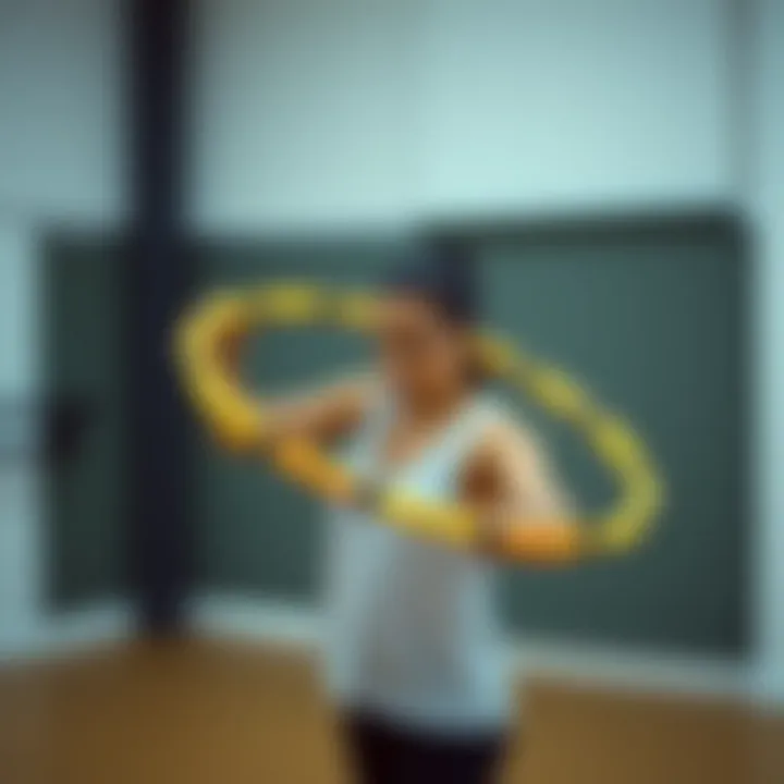 An individual skillfully using an adjustable hula hoop in a fitness setting.