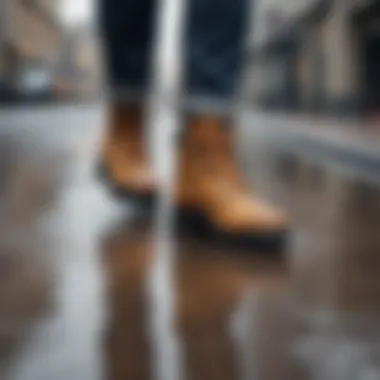 Footwear in a wet environment with anti-slip grips in use