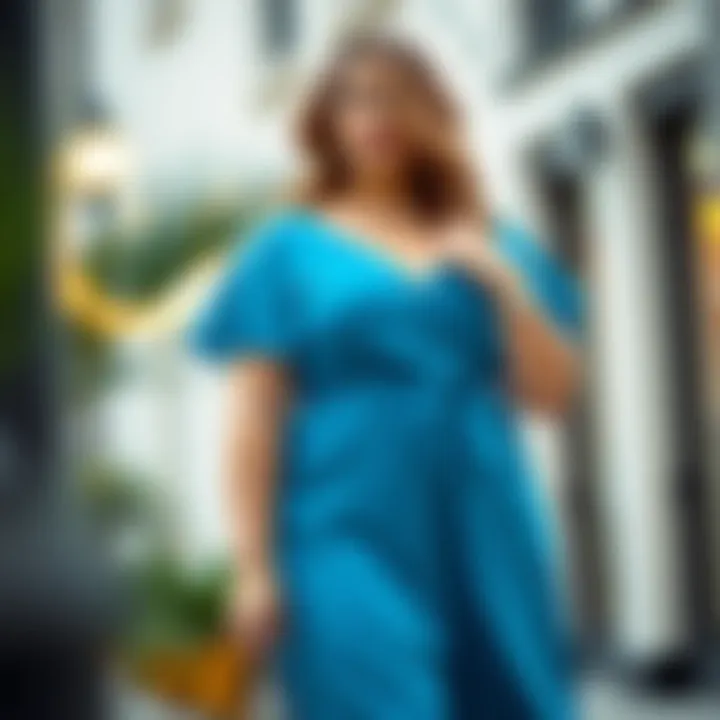 Fashionable plus size model showcasing aqua blue dress