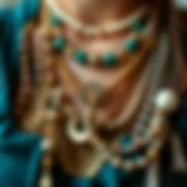 Close-up of a collection of bohemian accessories including layered necklaces and bracelets.