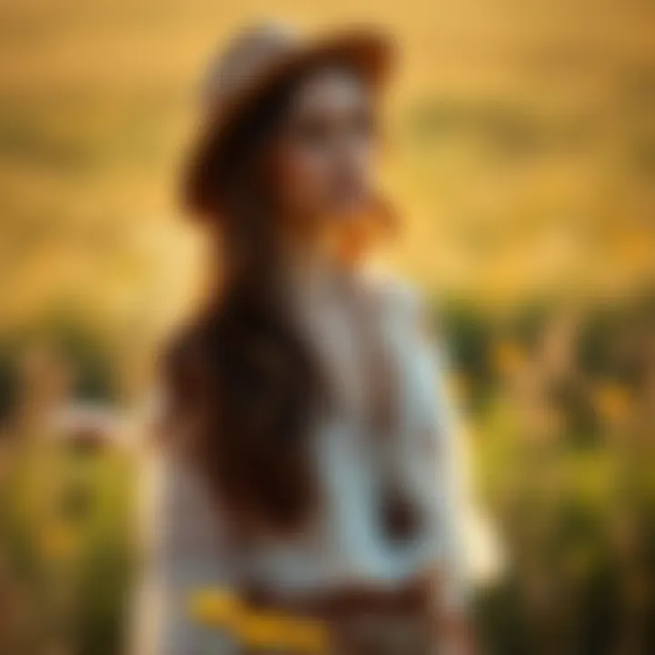 A woman wearing a bohemian outfit, standing in a sunlit field surrounded by wildflowers.