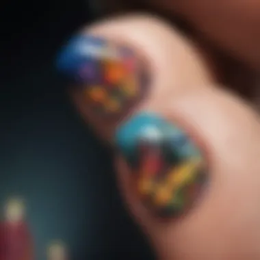 Close-up of vibrant colors in butterfly nail stamping art