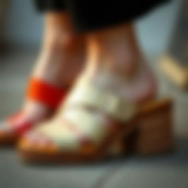 Close-up of various materials used in chunky heel sandals