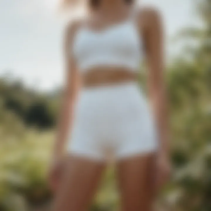 Eco-friendly white swimsuit shorts displayed outdoors