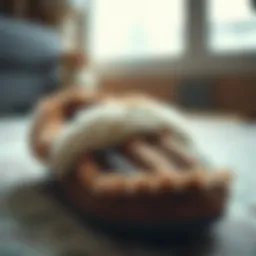 A close-up view of a bear claw house slipper showcasing intricate design details and textures