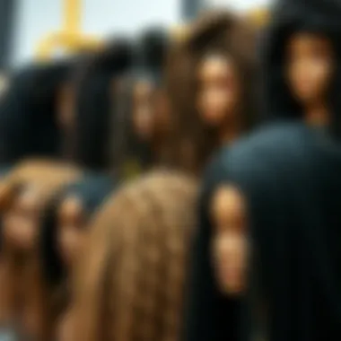 A display of various braided curly wigs in different styles and lengths.