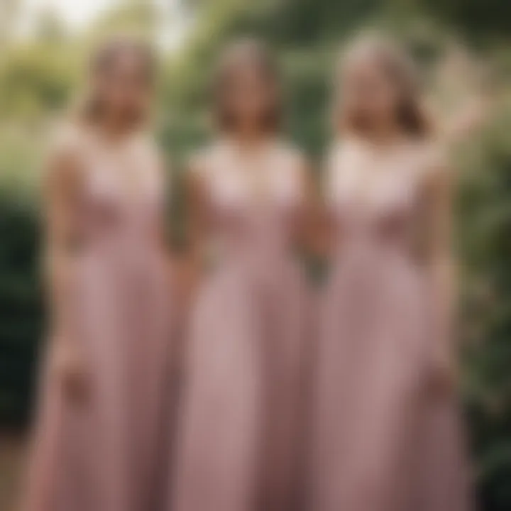 Bridesmaid dresses in a garden setting with dusty rose hues