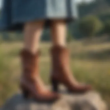 Cowgirl booties styled with a fashionable outfit against a natural backdrop