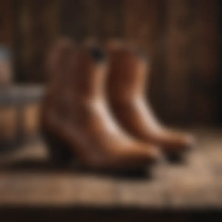 A stylish pair of cowgirl booties displayed on a rustic wooden background