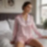 A stylish long sleeve short pajama set displayed on a modern bed