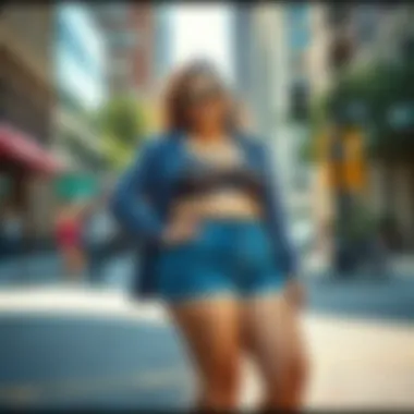 A confident individual wearing plus size vintage shorts in an urban setting, radiating body positivity and style.