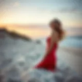 Elegant red strapless bathing suit displayed on a sandy beach