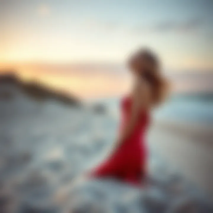 Elegant red strapless bathing suit displayed on a sandy beach