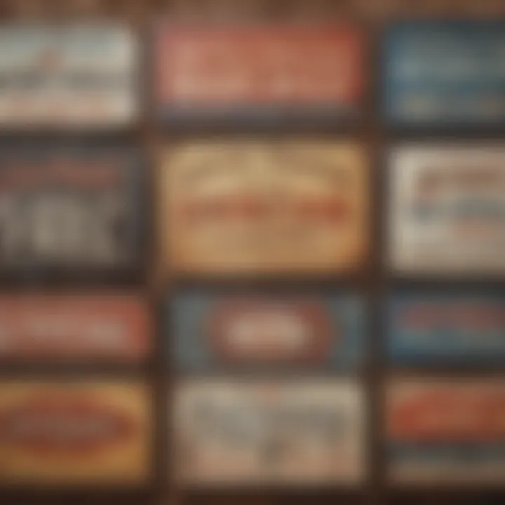 Close-up of vintage metal signs with western designs