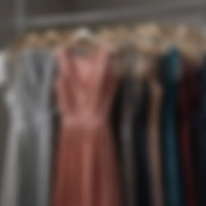 Variety of styling options for sequin fit and flare dresses arranged on a stylish rack.