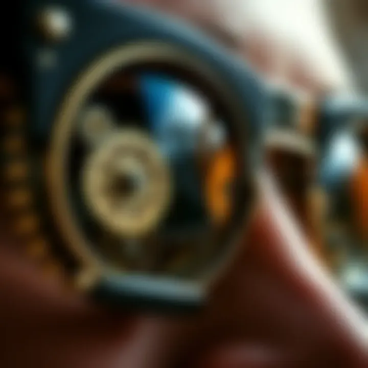 A close-up view of unique lenses with gears and clockwork elements embedded within