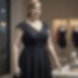 Elegant plus size Swiss dot dress displayed on a mannequin in a boutique