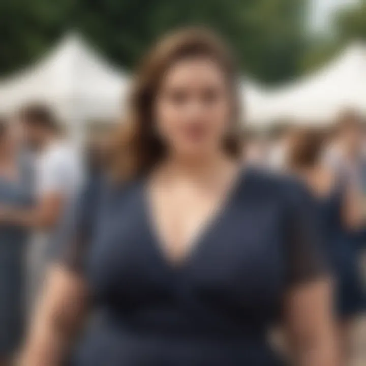 A stylish plus size individual confidently wearing a Swiss dot dress at an outdoor event