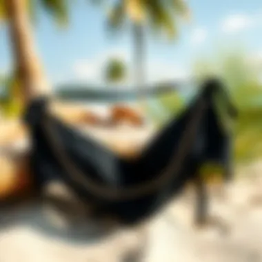 Tropical Display of Black Bikini Stylish black bikini displayed on a sandy beach with tropical elements