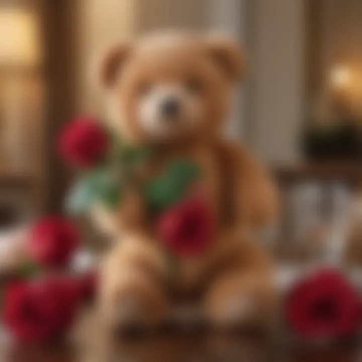 A cozy setting featuring a fake rose teddy bear as a centerpiece for romantic decor