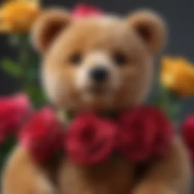 Close-up of vibrant artificial roses on a teddy bear, emphasizing color and detail