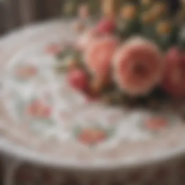 Close-up of vintage floral patterns on a round tablecloth