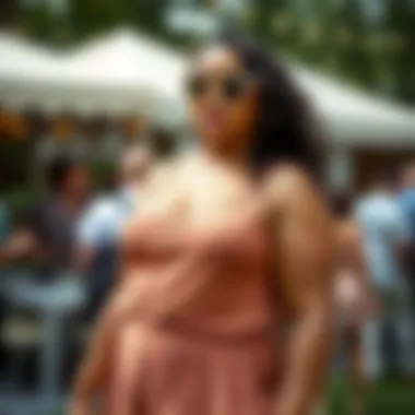 Stylish Plus-Size Model in Spaghetti Strap Jumpsuit Stylish plus-size model showcasing a spaghetti strap jumpsuit at an outdoor event