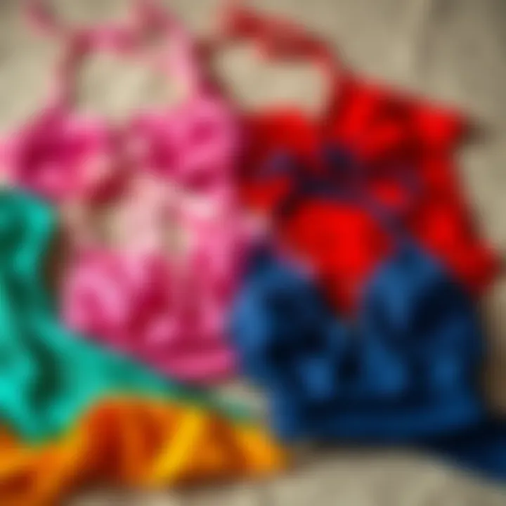 An array of colorful fabrics used for halter bustier tops displayed on a textured background