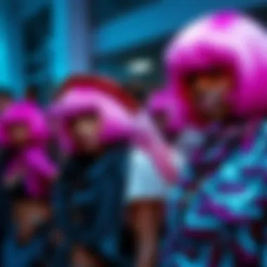 A vibrant fashion scene with diverse individuals wearing pale pink wigs at a trendy event.