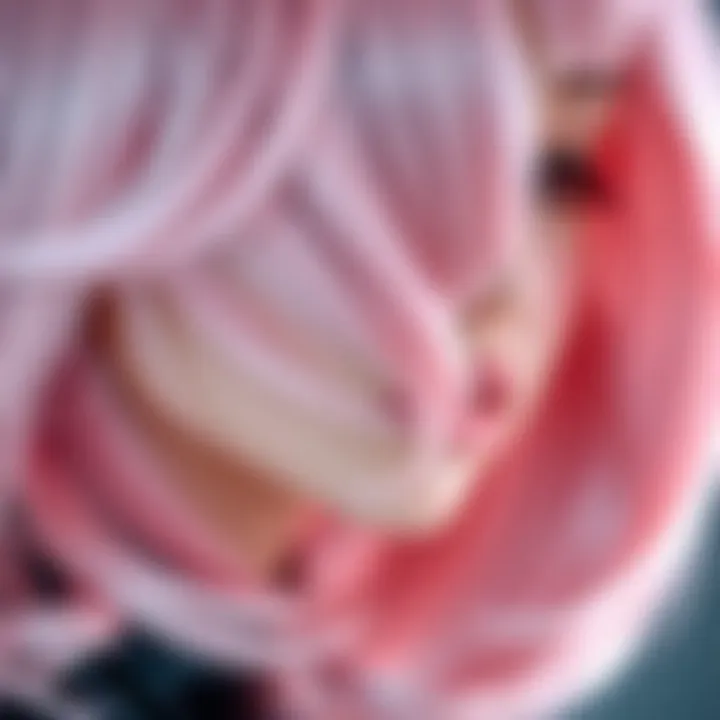 A close-up of the intricate texture and color gradient of a pale pink wig.