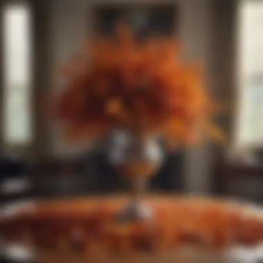 An elegant autumn-themed décor arrangement featuring faux leaves in a stylish setting