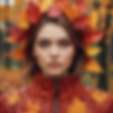 A visually striking display of seasonal fashion incorporating synthetic autumn foliage