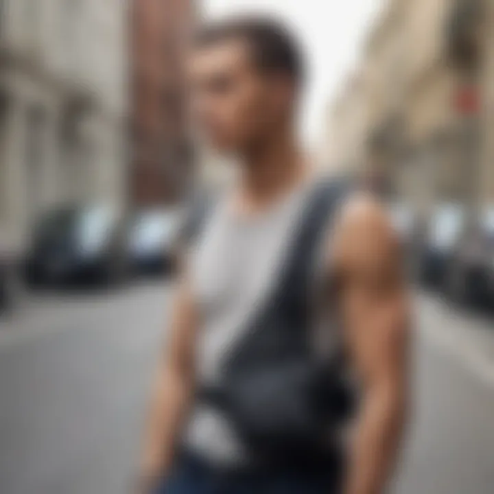 A fashionable individual wearing a chest pack in an urban setting.