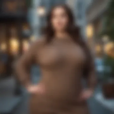 A model showcasing a trendy plus-size sweater dress in a seasonal setting