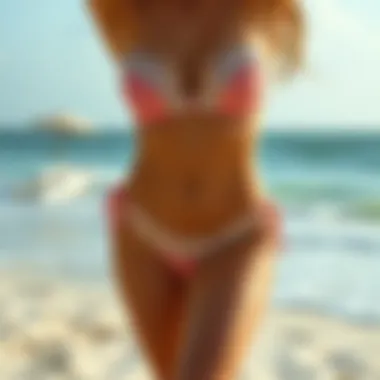 Elegant Thong Bathing Suit on a Beach Elegant thong bathing suit displayed on a sandy beach