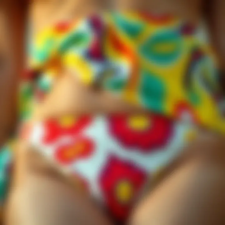 Close-up of vibrant fabric patterns in thong swimwear