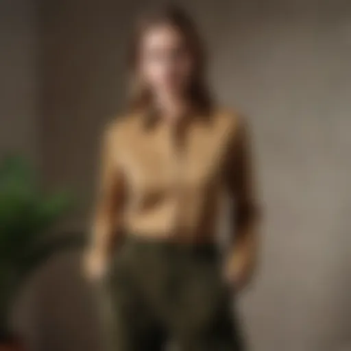 Elegant outfit featuring khaki corduroy pants styled with a chic blouse and accessories.