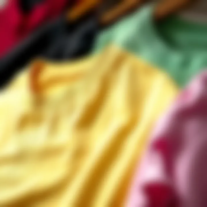 Close-up of fabric textures of plus size crew neck tee shirts in different colors