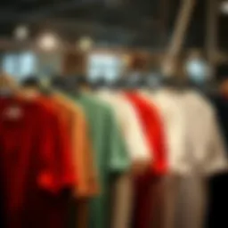 A variety of plus size crew neck tee shirts displayed on hangers