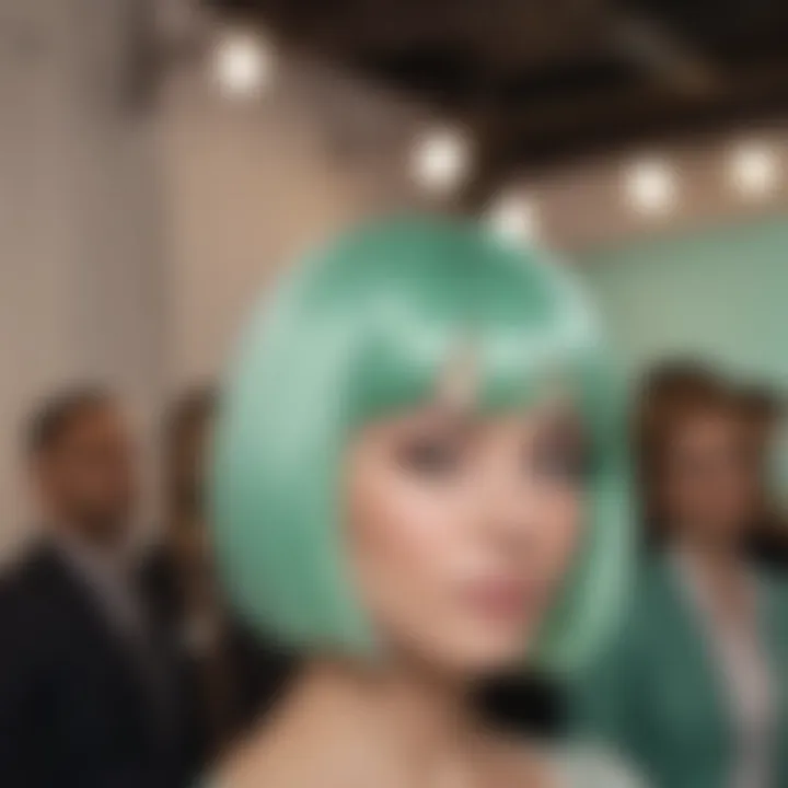 Fashion-forward individual showcasing a mint green wig at an event