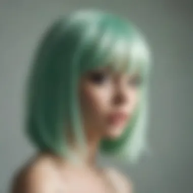 Close-up of mint green wig strands under natural light