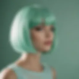 A stylish mint green wig displayed on a mannequin