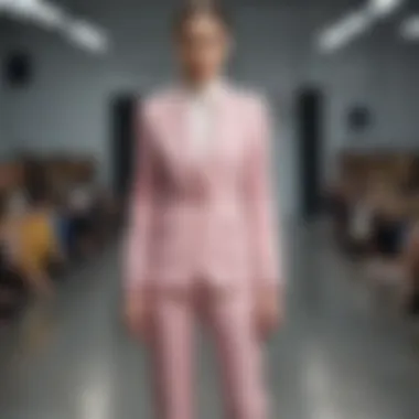 Modern styles of two-piece pants suits on a runway