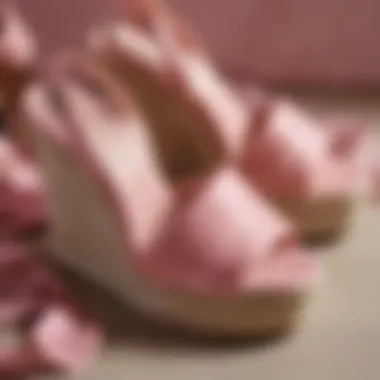 Close-up of pink espadrille wedges emphasizing material texture