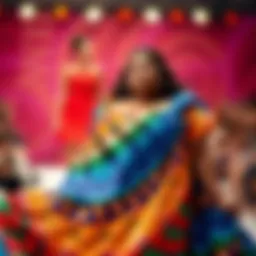 A stunning plus size runway dress showcasing vibrant colors and bold patterns.