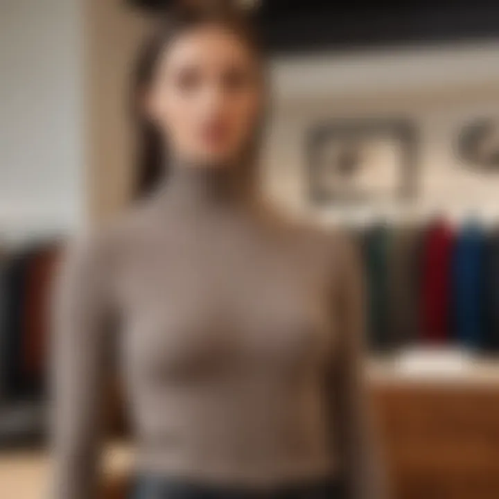 Stylish rib knit turtleneck sweater displayed on a mannequin in a chic setting