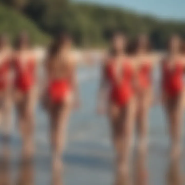 Social media influencers showcasing red swimsuits at a beach