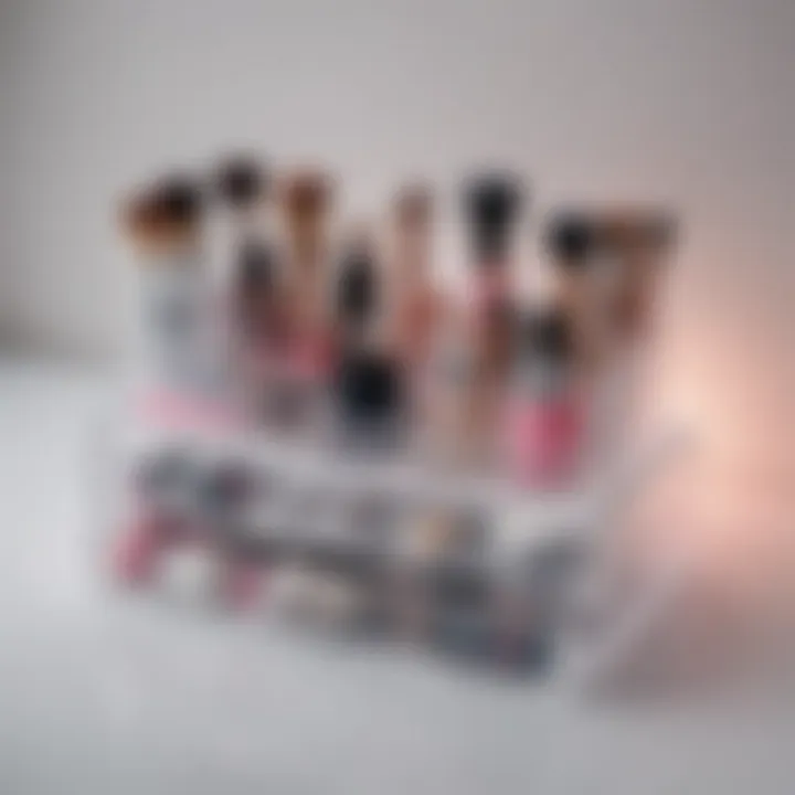 Colorful acrylic makeup organizer filled with makeup essentials