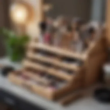 A Stylish Wooden Makeup Organizer Stylish wooden makeup organizer showcasing various cosmetic items